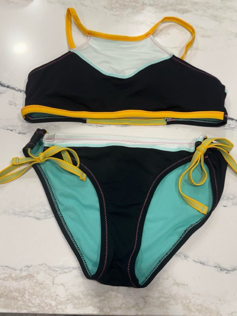 Hobie Black & Aqua Contrast Two-Piece Girl’s Swim Bikini with Yellow Trim